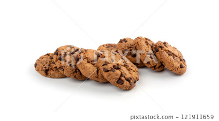 Chocolate chips cookies isolated, American biscuits, cocoa confectionery cake, sweet morsels bakery Chocolate chips cookies isolated, American biscuits, cocoa confectionery cake, sweet morsels bakery 121911659