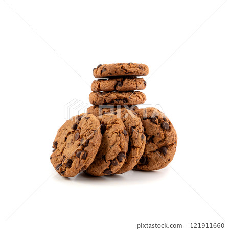 Chocolate chips cookies isolated, American biscuits, cocoa confectionery cake, sweet morsels bakery 121911660