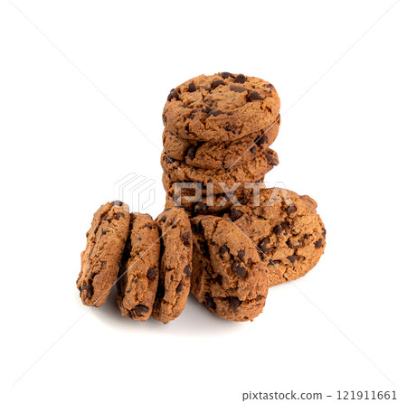 Chocolate chips cookies isolated, American biscuits, cocoa confectionery cake, sweet morsels bakery 121911661