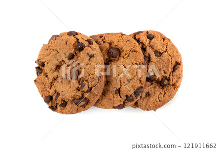 Chocolate chips cookies isolated, American biscuits, cocoa confectionery cake, sweet morsels bakery 121911662