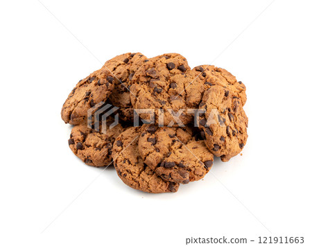Chocolate chips cookies isolated, American biscuits, cocoa confectionery cake, sweet morsels bakery 121911663