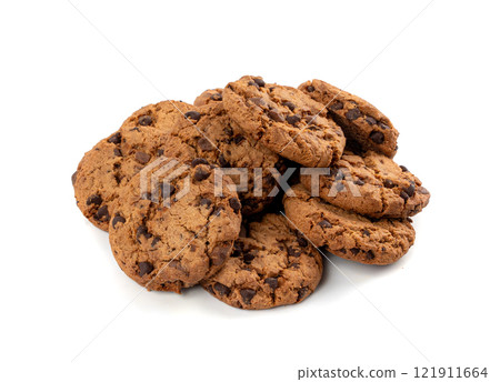 Chocolate chips cookies isolated, American biscuits, cocoa confectionery cake, sweet morsels bakery 121911664