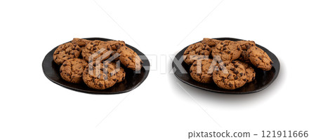 Chocolate chips cookies isolated, American biscuits, cocoa confectionery cake, sweet morsels bakery 121911666