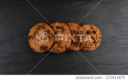 Chocolate chips pile cookies , American biscuits, cocoa confectionery cake, sweet morsels bakery 121911675