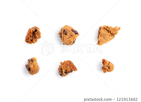Chocolate chips cookies isolated, broken American biscuits, cocoa cake, sweet morsels bakery 121911682