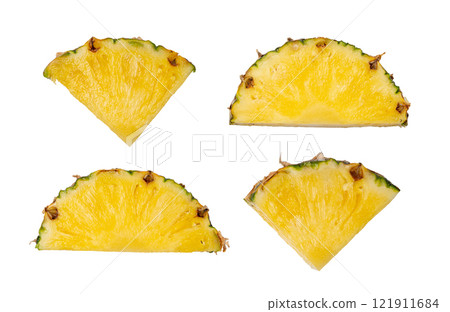 Pineapple Cuts Isolated, Raw Ananas Pieces, Comosus Tropical Fruit Chunks, Ripe Pine Apple Slices on White 121911684