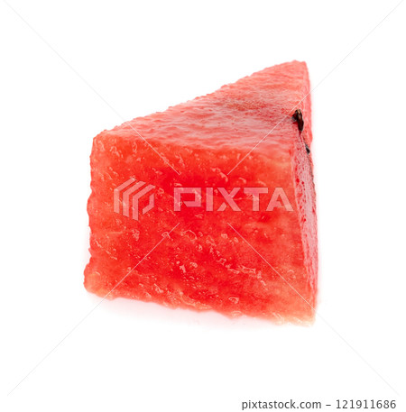 Watermelon pieces isolated. Water melon wedges pile, chopped Citrullus lanatus, red wassermelone cuts group 121911686