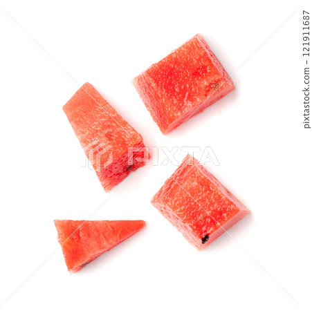 Watermelon pieces isolated. Water melon wedges pile, chopped Citrullus lanatus, red wassermelone cuts group Watermelon pieces isolated. Water melon wedges pile, chopped Citrullus lanatus, red wassermelone cuts group 121911687