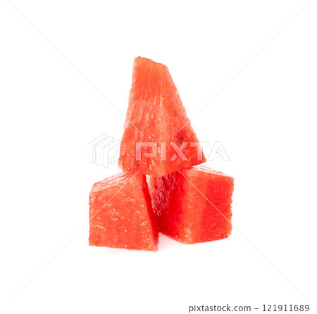 Watermelon pieces isolated. Water melon wedges pile, chopped Citrullus lanatus, red wassermelone cuts group 121911689