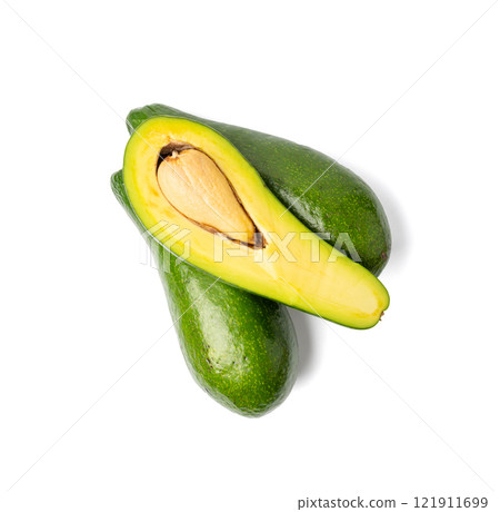 Avocado Isolated, Whole Avokado, Green Avocados Slice, Fresh Alligator Pear, Long Avocado Fruit 121911699