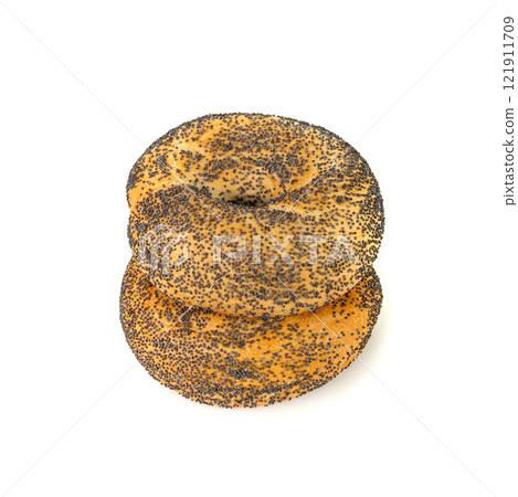 Poppy Seed Bagel Isolated, Round Bread Bun, Poppyseed Wheat Bakery for Breakfast 121911709