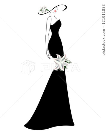 A woman in a dress and hat with a lily. 121911858