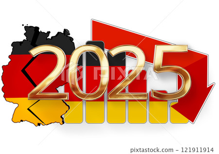 cracked map, crisis and problems, downwards arrow in red, golden year 2025 bold-letters metallic gold and map of Germany, 3d-illustration 121911914