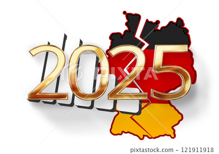 year 2025 golden metallic and cracked map of Germany and decreasing bar chart in white, crisis and problems 121911918