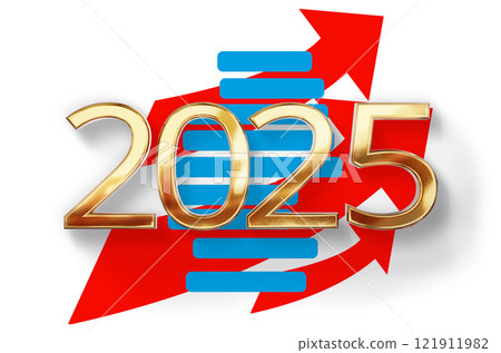 golden metallic year 2025 over blue AFD shape as the map of Germany and three 3 red arrows, upwards arrows 121911982