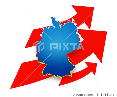 blue AFD design map of Germany and three 3 red arrows increasing, upwards arrows 121911985