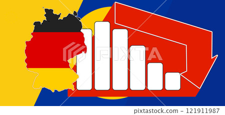 creative downtrend red arrow, national colors of Germany and the European Union as background as economy and crisis and decrease creative downtrend red arrow, national colors of Germany and the European Union as background as economy and crisis and decrease 121911987