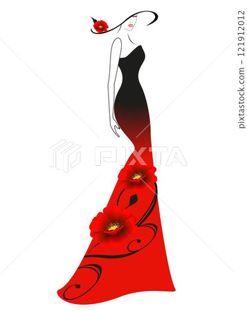 A woman in a hat, dress with red flowers. 121912012