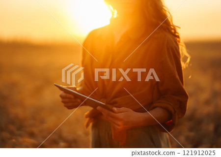 Peasant woman with tablet checks growth progress of wheat field. Smart farming and digital farming. Peasant woman with tablet checks growth progress of wheat field. Smart farming and digital farming. 121912025