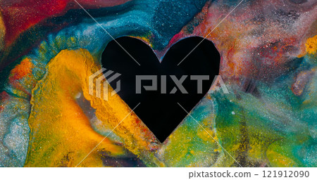 Romance heart overlay. Paint love. Defocused golden purple color particles dark shape marble moisture spreading on abstract art background. 121912090