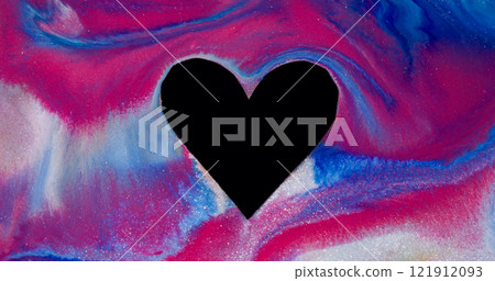 Paint passion. Heart love. Defocused red blue multicolor black shape frame ink texture spilling on abstract art romantic background. 121912093