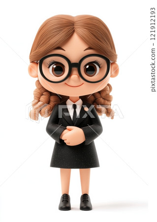 Smiling cartoon character of a young woman with curly hair and glasses wearing a black suit. 3D illustration isolated on white background. Character design for education or business concept. 121912193