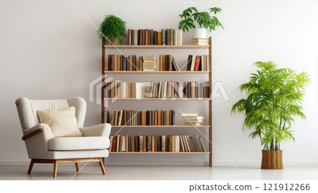 Chic Reading Corner: Bright Interior with Armchair and Books Chic Reading Corner: Bright Interior with Armchair and Books 121912266