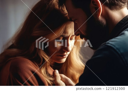 A woman seeks comfort and understanding in the arms of a man A woman seeks comfort and understanding in the arms of a man 121912300
