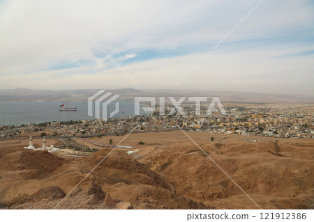Panorama of Aqaba city in Jordan and Eilat city in Israel Panorama of Aqaba city in Jordan and Eilat city in Israel 121912386