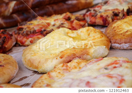 Bakery products on shop counter in supermarket 121912463