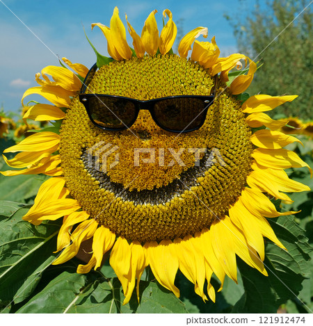 Sunflower in black sunglasses smiles and sways. Yellow sunflower looks like sun Sunflower in black sunglasses smiles and sways. Yellow sunflower looks like sun 121912474
