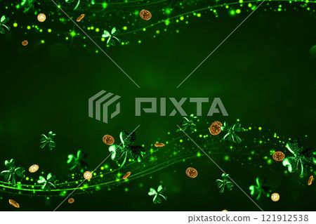 St Patrick day background with lucky shamrock leaves and golden coins on green background. St Patrick holiday poster with glittering clove leaf. St Patrick's party background with copy space. 121912538