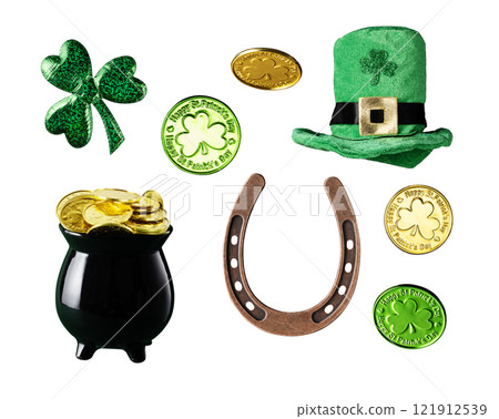 Set of design elements for St Patrick day isolated on white background. St Patrick holiday elements such as shamrock, leprechaun hat, golden coins and horseshoe for design. St Patrick party decoration 121912539