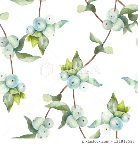 Branches with white berries seamless pattern, watercolor. Snowberry. Hand drawn vector illustration. For wrapping paper, fabric, covers, wallpapers. 121912585