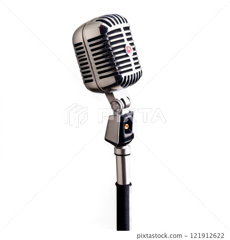 Classic silver microphone on a stand with a sleek design suitable for live performances 121912622