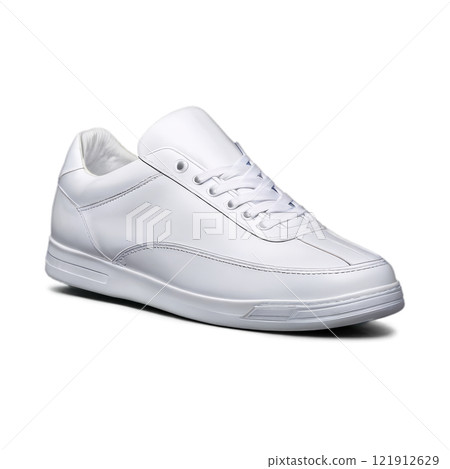 A pair of classic white sneakers displayed from above on a neutral background A pair of classic white sneakers displayed from above on a neutral background 121912629