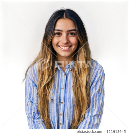 A young woman smiling brightly while wearing a striped shirt against a plain background 121912645