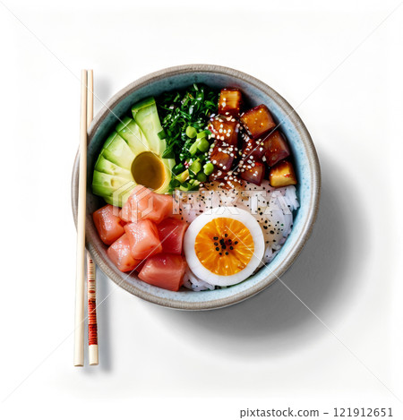 Colorful poke bowl with fresh fish, vegetables, and rice in a turquoise bowl on a white background Colorful poke bowl with fresh fish, vegetables, and rice in a turquoise bowl on a white background 121912651