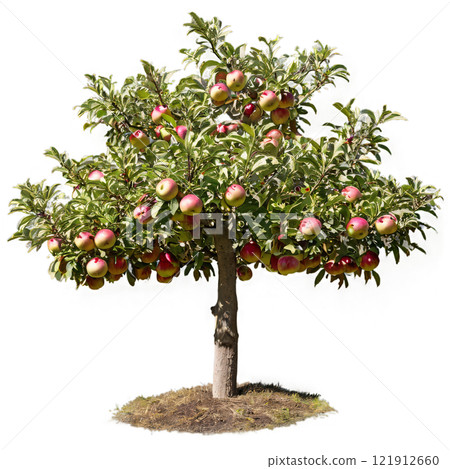 A mature apple tree bearing ripe fruit in late summer sunlight at a scenic garden 121912660