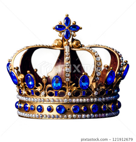 Ornate royal crown adorned with gemstones on a white background 121912679
