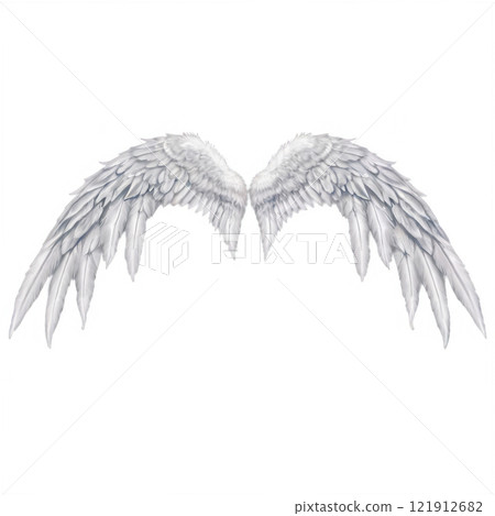 Elegant white angel wings positioned symmetrically against a plain background 121912682
