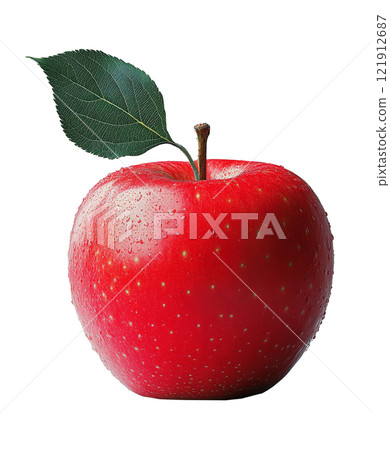 Close-up of a fresh red apple with droplets of water and a green leaf on a grey background 121912687