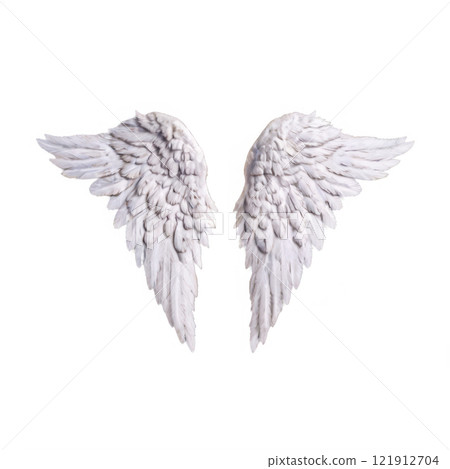 A striking white wing sculpture features numerous detailed feathers 121912704