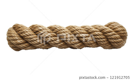 A close-up view of twisted natural fiber rope lying on a plain white background 121912705