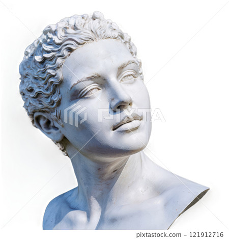 Ancient Egyptian white stone sculpture of a face, highlighting fine detail and craftsmanship 121912716