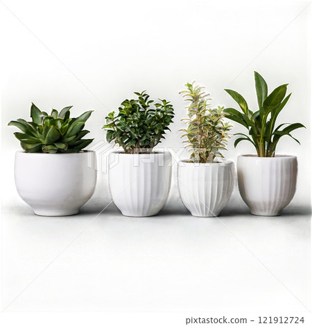 A variety of potted plants in colorful ceramic pots arranged on a light surface in the afternoon 121912724