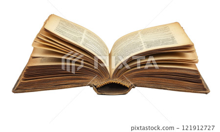 An old, opened book resting on a surface with visible aged pages and dark leather cover An old, opened book resting on a surface with visible aged pages and dark leather cover 121912727