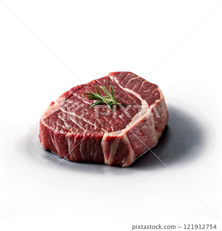 Freshly cut beef steak garnished with herbs on a clean white background 121912754