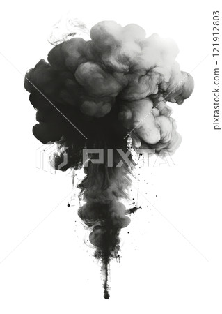 Black smoke rises against a light backdrop, artistically depicting pollution 121912803