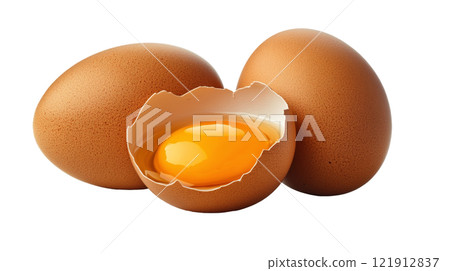 Fresh brown eggs with one cracked open revealing a bright yellow yolk on a white background 121912837